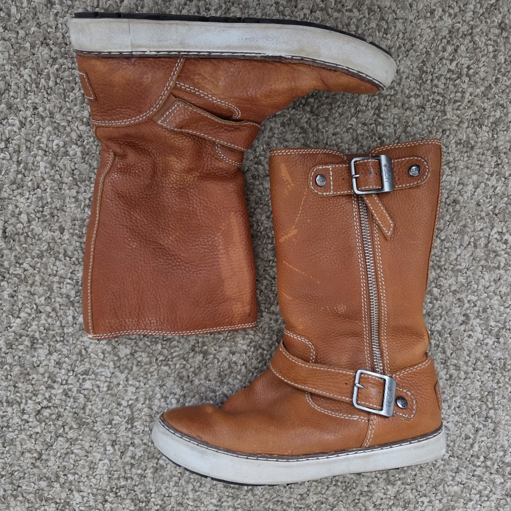 UGG Andra Mid-Calf‎ Pebbled Leather and Shearling Side Zip Boots WOMENS SZ 6